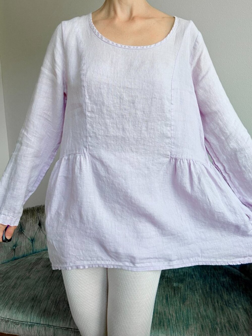FLAX Linen Oversized Tunic Top Long Sleeve Small Lagenlook Pastel Purple